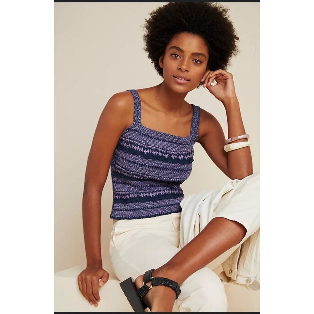 Anthropologie‎ Woven Crochet Striped Square Neck Cropped Knit Tank Navy Sz L 161